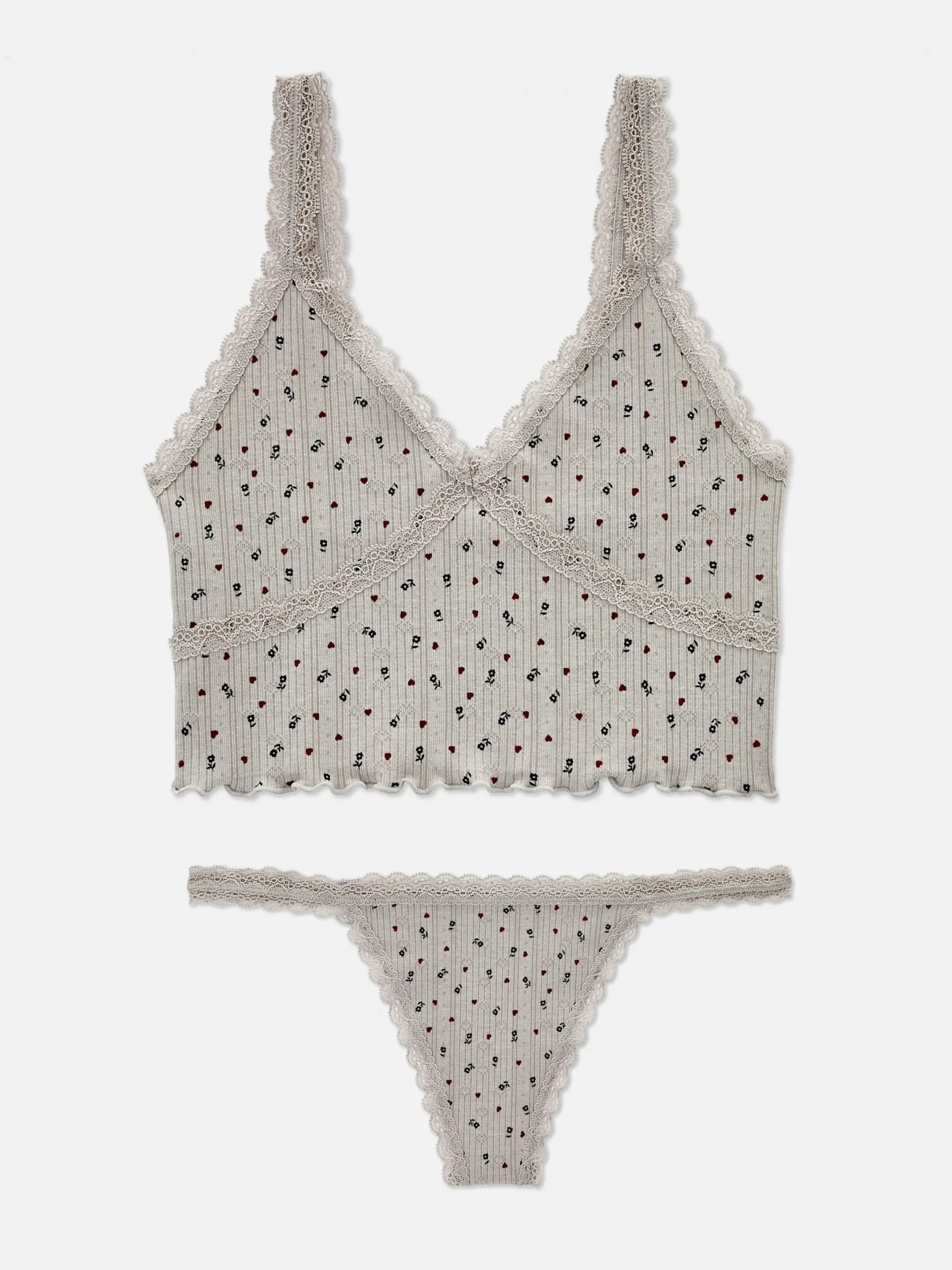 Dessous-Sets|Primark Nahtlos Gemustertes Pointelle-Trägertop Und Tanga Im Set Grau