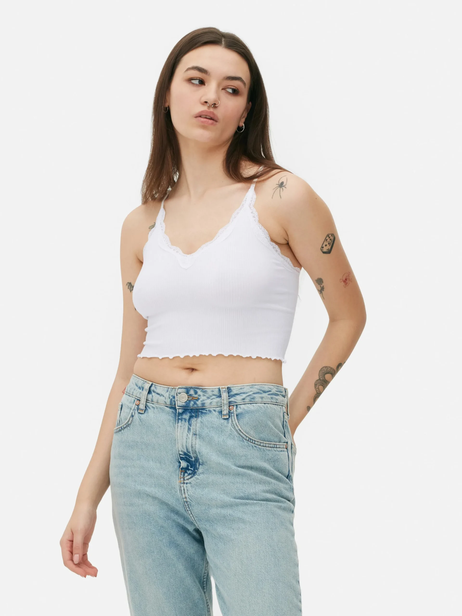 Tops Und T-Shirts|Primark Nahtloses, Kurzes Trägertop Mit Spitzenbesatz Weiß