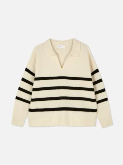 Pullover Und Cardigans|Primark Pullover Mit Polokragen Und Streifen Elfenbeinfarben