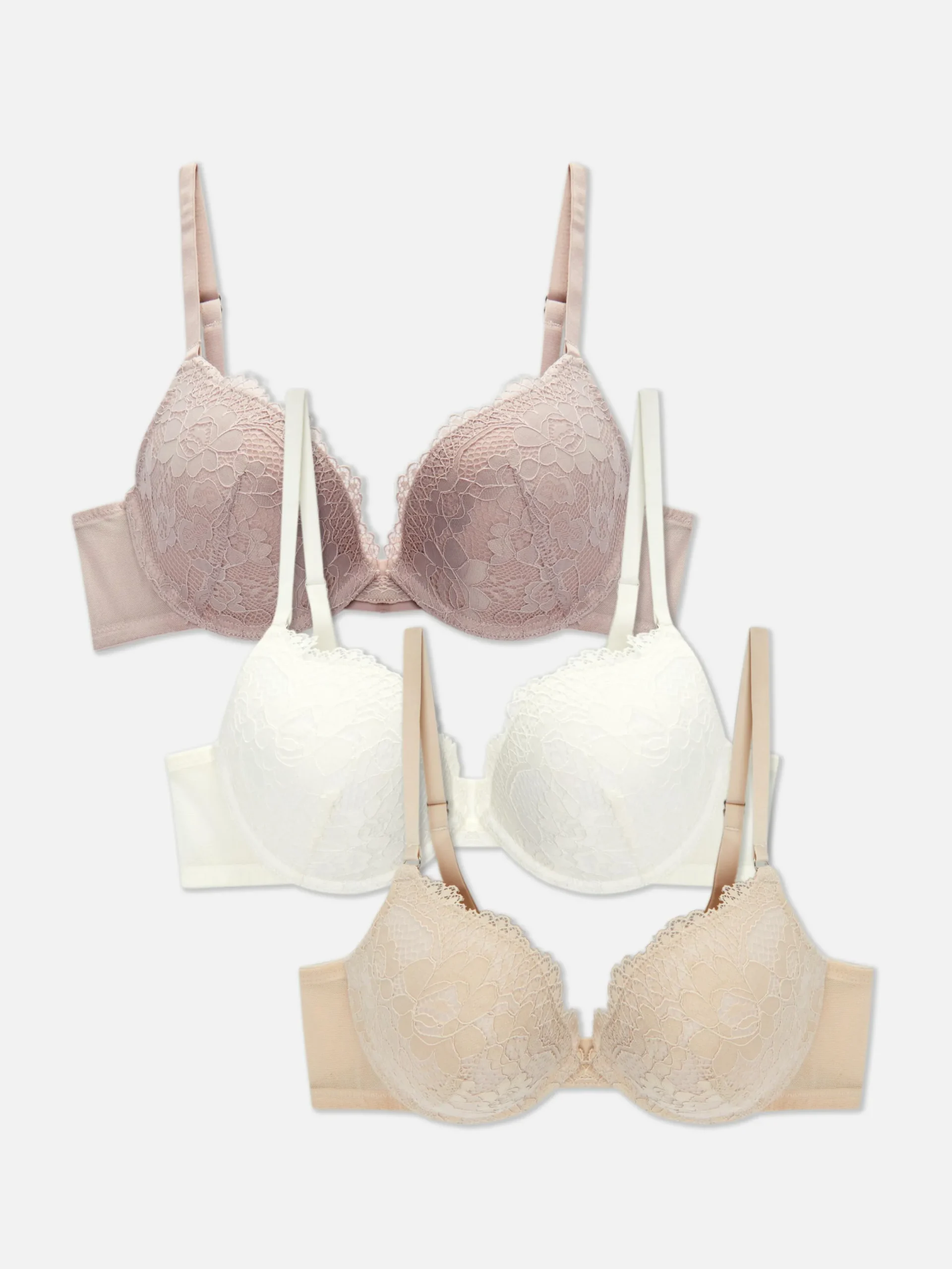 Bhs|Primark Push-up-BHs Mit Spitzenbesatz, 3er-Pack Steinfarben