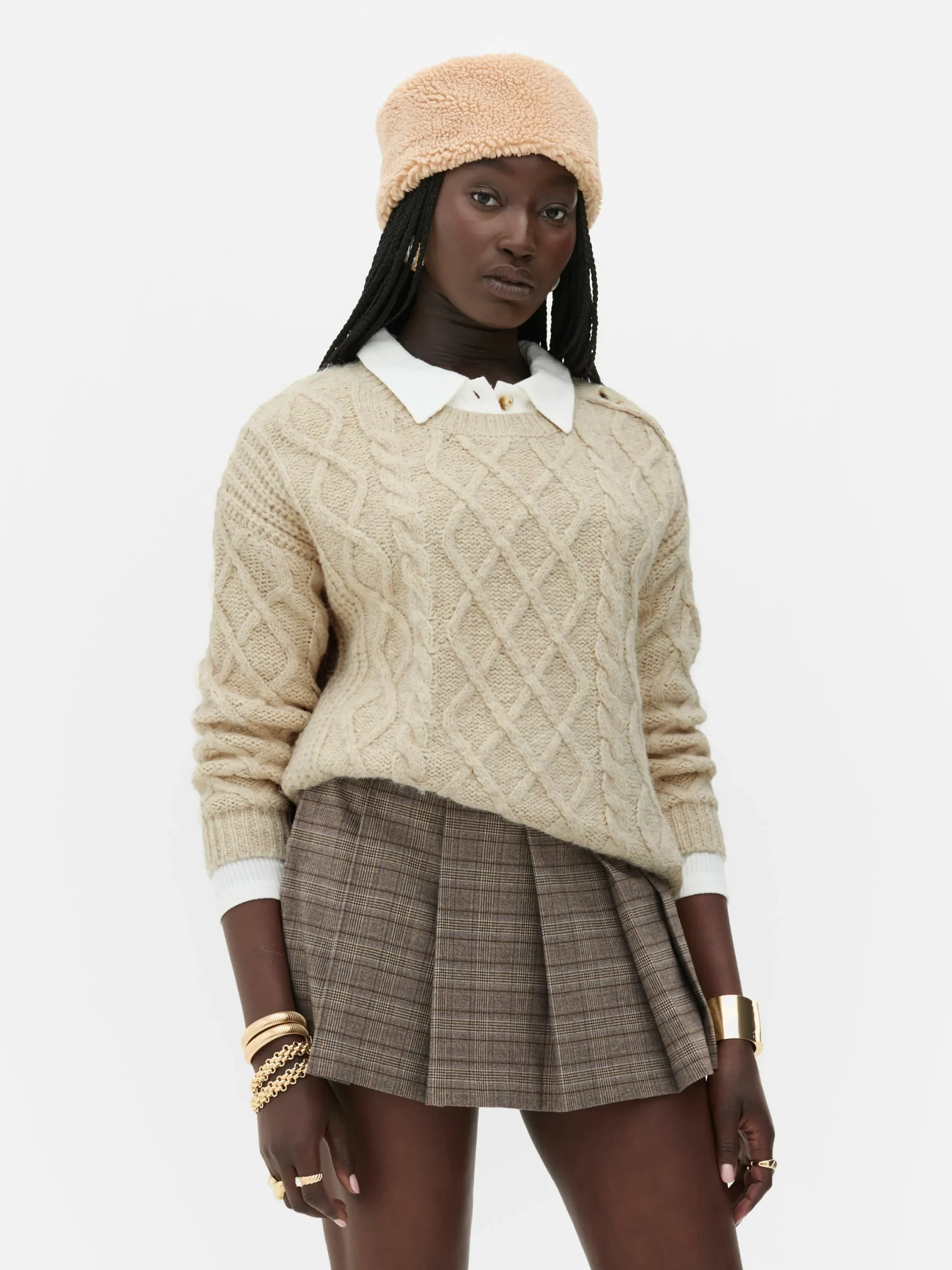 Pullover Und Cardigans|Primark „Rita Ora“ Strickpullover Mit Zopfmuster Und Knöpfen Beige