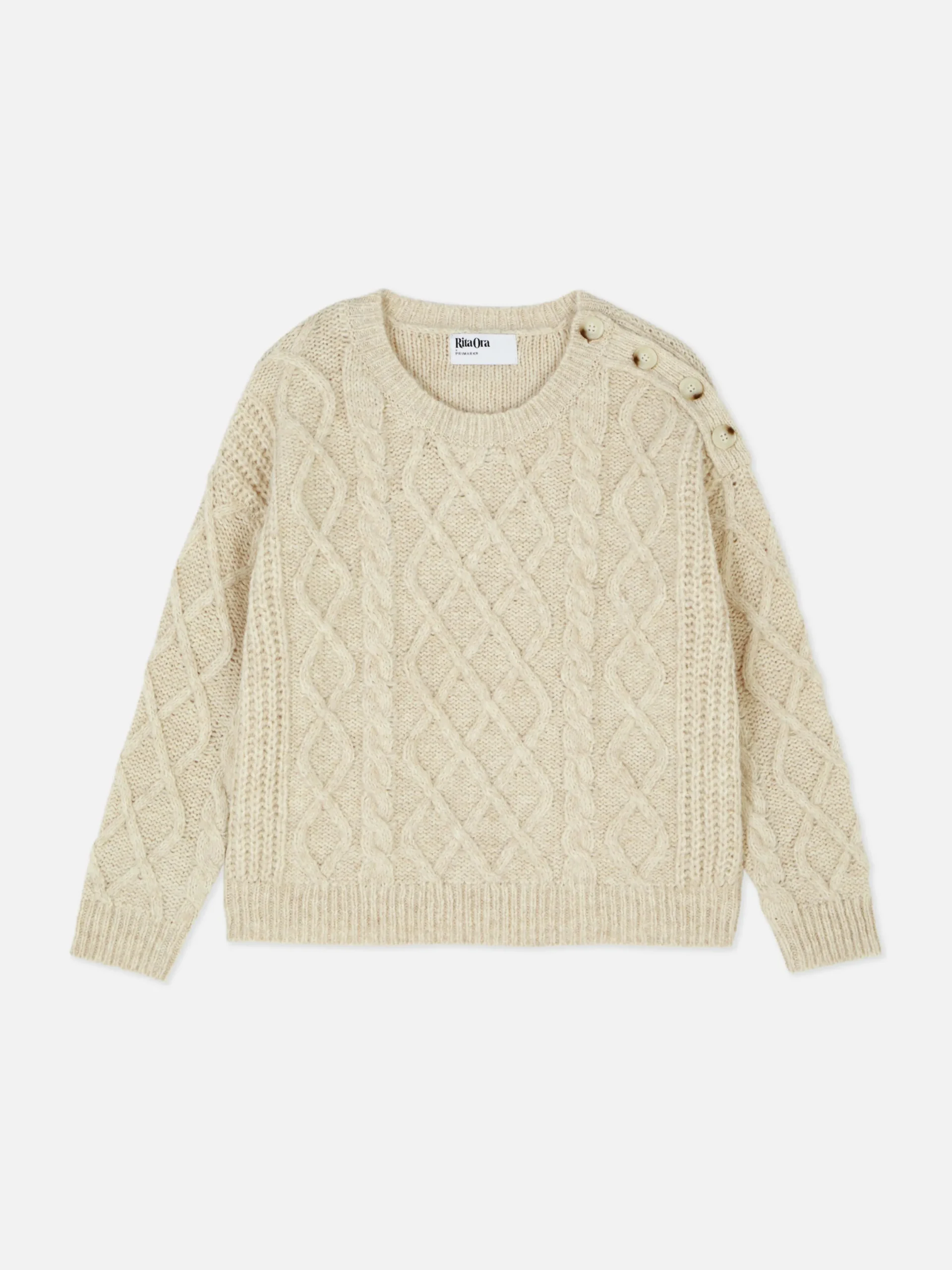 Pullover Und Cardigans|Primark „Rita Ora“ Strickpullover Mit Zopfmuster Und Knöpfen Beige