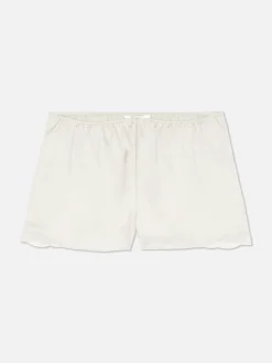 Schlafanzughosen|Primark Schlafanzug-Shorts Aus Satin Mit Spitzenbesatz Elfenbeinfarben