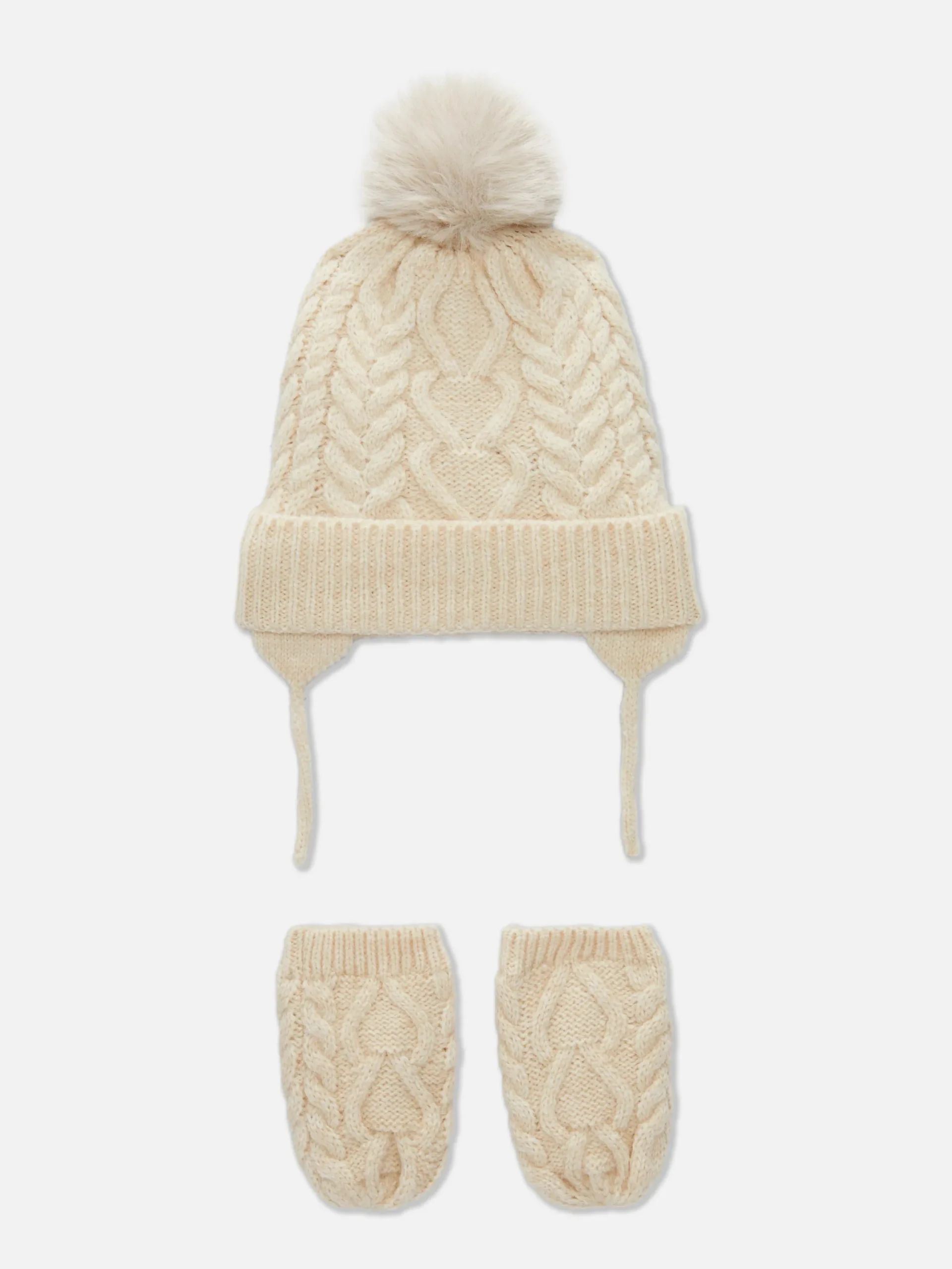 Mützen Und Handschuhe|Primark Set Aus Beanie Und Fäustlingen Mit Zopfmuster Hellbeige
