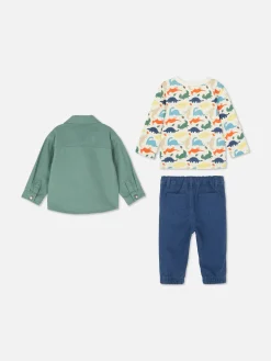 Sets Und Outfits|Primark Set Aus Dinosaurier-T-Shirt, Chinohose Und Hemdjacke Grün