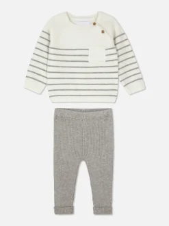 Sets Und Outfits|Primark Set Aus Gestreiftem Strickpullover Und Leggings Grau meliert