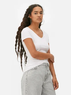 Tops Und T-Shirts|Primark Stretch-T-Shirt Mit V-Ausschnitt Weiß