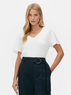 Tops Und T-Shirts|Primark T-Shirt Aus Baumwollmischgewebe Mit V-Ausschnitt Weiß