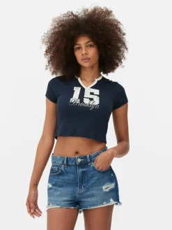 Tops Und T-Shirts|Primark T-Shirt Mit Eingekerbtem Ausschnitt Und Grafik Marineblau