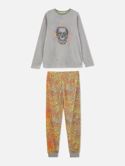Schlafanzüge Und Nachtwäsche|Primark Velours-Schlafanzug Mit Totenkopf Und Farbspritzern Grau